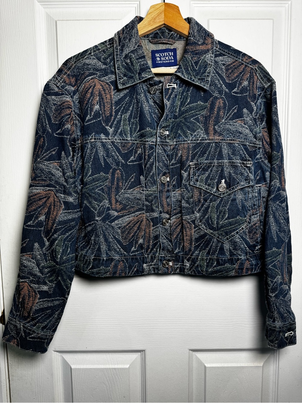 Scotch & Soda Floral Jacquard Cropped Denim Jacket Blue Green Size Small